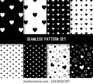 Black White Heart Seamless Pattern Background Set Vector Illustration