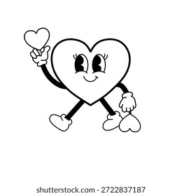 Ilustración de la mascota del estilo Groovy del carácter blanco y negro de la forma del corazón