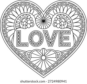 Black and white heart shape with intricate love and floral patterns