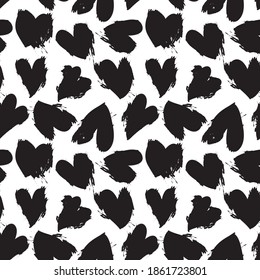 Black and White Heart shaped brush stroke seamless pattern background for fashion textiles, graphics