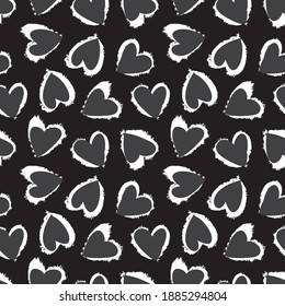 Black and White Heart shaped brush stroke seamless pattern background for fashion textiles, graphics