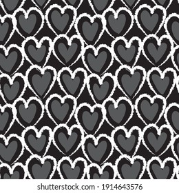 Black and White Heart shaped brush stroke seamless pattern background for fashion textiles, graphics