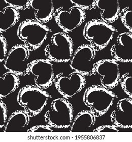 Black and White Heart shaped brush stroke seamless pattern background for fashion textiles, graphics