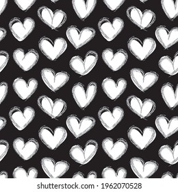 Black and White Heart shaped brush stroke seamless pattern background for fashion textiles, graphics
