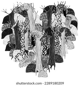 Schwarz-Weiß-Herz-Muster. Waldlandschaft. Bäume. Thema Öko. Muster für das Farbbuch. Handgezeichnet, ethnisch, Retro, Doodle, Vektorgrafik, Zentangle-Vektorgrafik.