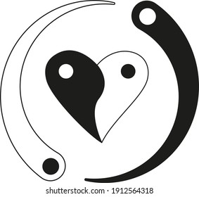 Black and white heart with two lines around. Yin yang symbol. Vector illustration. 