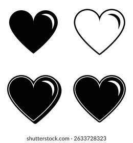 Black and White Heart Vector Icons, Minimalist Love Symbols in Various Styles.