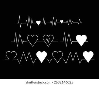 black and White Heartbeat ECG Line with Heart Icons – Love and Medical Pulse Art Design Vector Fully Editable File.