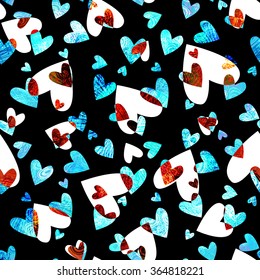 Black and white hearts. Blue elements. Vector pattern. 