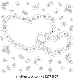 Black and white hearts of daisies, poppies and forget-me-nots for coloring