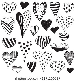 black and white hearts doodle set. Different shapes and patterns of hearts isolated on a white background. Valentine's Day. Clipart. Vector illustration