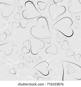 Black and white hearts on the gray background. Valentine. Beautiful abstraction with hearts of different sizes. 