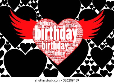 black and white hearts pattern background with red color  birthday words create angel wings and heart illustration together vector print pattern. for fashion and graphic design. t shirt print birthday