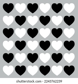 Patrón de corazones negros y blancos sobre fondo gris