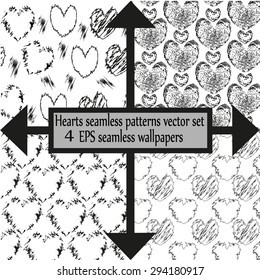 Black and white hearts seamless patterns vector set.