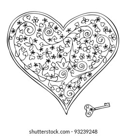 Black and white heart-shaped lock and key