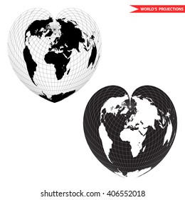 Black and white heart-shaped planet vector illustration. Bonne pseudoconical equal area world map projection. Heart shape world map.