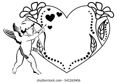 Black and white heart-shaped Valentine frame with cupid. Copy space. Vector clip art.