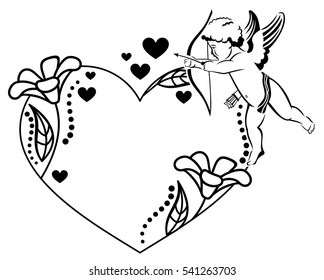 Black and white heart-shaped Valentine frame with cupid. Copy space. Vector clip art.