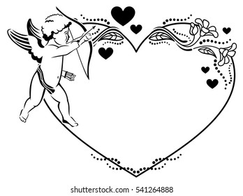 Black and white heart-shaped Valentine frame with cupid. Copy space. Vector clip art.