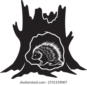 Black and white of a hedgehog inside a tree stump animal wildlife forest