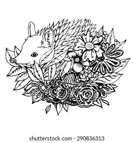 Black and white hedgehog isolated. Engraving sketch. Abstract vector hedgehog in the flowers. Print for t-shirt. Wild things.