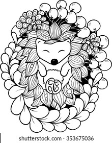 Black and white hedgehog. Pattern style zentangl.  Coloring.