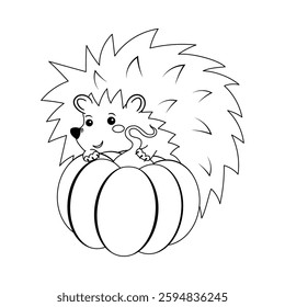 black and white hedgehog and pumpkin, coloring book for the children, outline vector illustration for thanksgiving or halloween