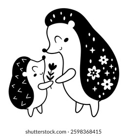 Black and white hedgehogs clipart. Happy Mothers day clipart. Mom and baby animals doodle in cartoon flat style. Hand drawn vector illustration