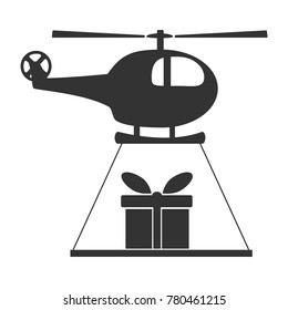 Black and white helicopter icon isolated on background with present. Chopper rotorcraft in dark color. Simple vector illustration symbol