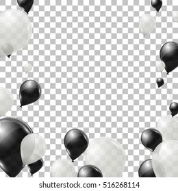 Black and white helium balloons on transparent background. Flying latex ballons. Vector illustration. 