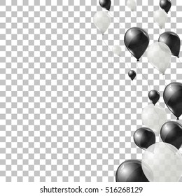 Black and white helium balloons on transparent background. Flying latex ballons. Vector illustration. 