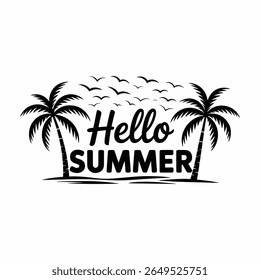 Black and white hello summer text design with palm trees and flying birds for vacation