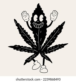 Hoja Hemp en blanco y negro. Hermosa y divertida hoja de marihuana. Caricatura de mascota. cannabis médico, maleza, concepto de personaje de marihuana