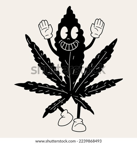 Black and white Hemp Leaf. Cute funny Weed marijuana leaf. Cartoon mascot character. Medical cannabis, weed, marijuana character concept