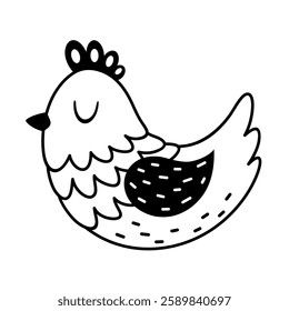 Black and white hen clipart. Cute Easter chicken doodle in cartoon flat style. Hand draw vector illustration
