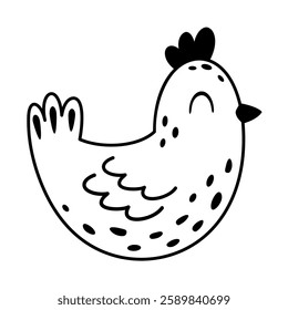 Black and white hen clipart. Cute Easter chicken doodle in cartoon flat style. Hand draw vector illustration