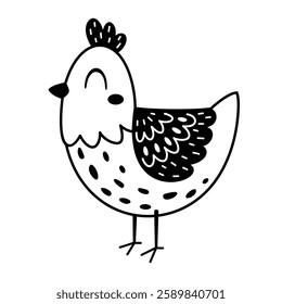 Black and white hen clipart. Cute Easter chicken doodle in cartoon flat style. Hand draw vector illustration