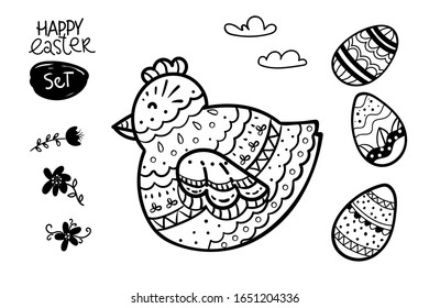 Black and white hen easter egg collection set poster. Coloring book page for adults and kids. Holiday vector illustration for gift card certificate banner sticker, badge sign, stamp, logo, icon label.