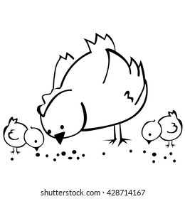 black and white hen and two chickens  cartoon