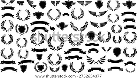 Black and white heraldic design elements set featuring laurel wreaths shields ribbons and wings isolated on a plain white background