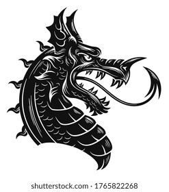 Black and white heraldic dragon head. Vector illustration.