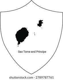 A black and white heraldic shield displaying the geographical outlines of the islands of Sao Tome and Principe.
