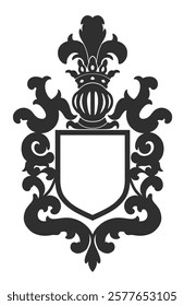 Black and white heraldic shield with floral ornament decoration and helmet.