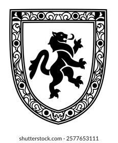 Black and white heraldic shield with floral ornament decoration and lion.