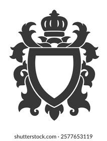 Black and white heraldic shield with floral ornament decoration and crown.