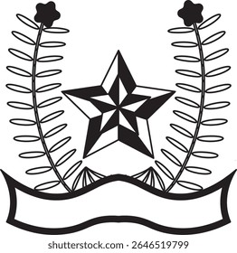 Black and white heraldic-style emblem featuring a geometric star, laurel branches, and a blank ribbon banner for customization. Ideal for badges, awards, logos, or vector crests.