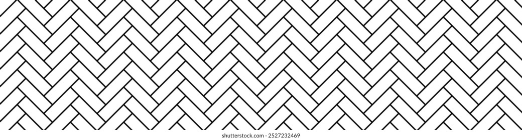Black and white herringbone tile seamless pattern. Floor, parquet, ceramic surfaces texture. Subway stone or ceramic wall background. Kitchen backsplash or bathroom wall texture. Vector illustration.