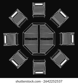 A black and white hexagonal deck plan features a table and chairs in a minimalist layout. The stark contrast highlights the geometric design against a dark background.