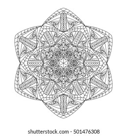Black and white hexagonal ethnic pattern. Tribal zen tangle. Adult coloring book